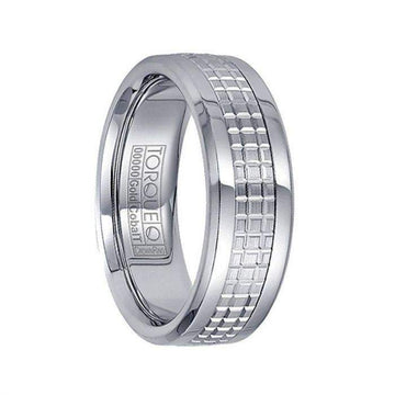 Checkered 14k White Gold Inlaid White Cobalt Men’s Polished Wedding Band - 7.5mm - Larson Jewelers