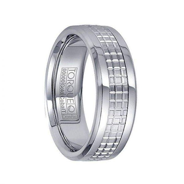 Checkered 14k White Gold Inlaid White Cobalt Men’s Polished Wedding Band - 7.5mm - Larson Jewelers