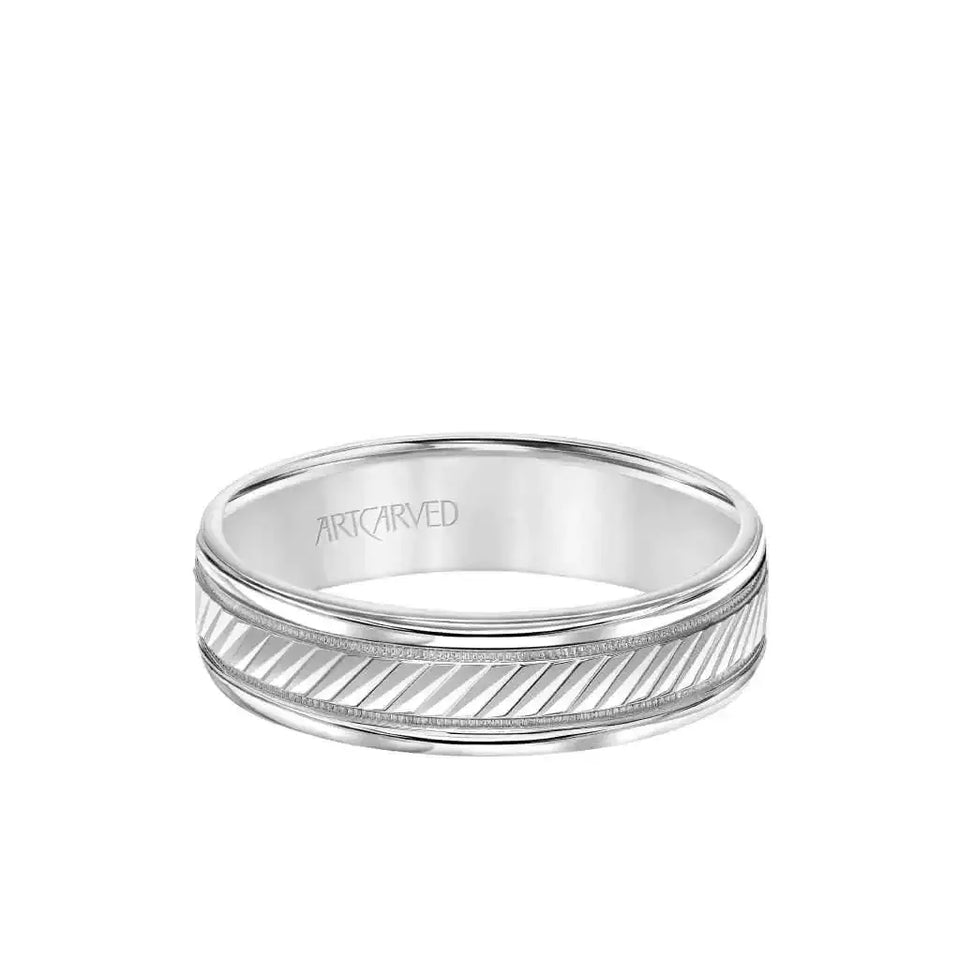 MONTEREY 14k White Gold Wedding Band Diagonal Engraved Center Design with Milgrain Rolled Edges by Artcarved - 6 mm - Larson Jewelers