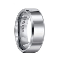 GLENN tungsten carbide wedding band with polished reflective finish and beveled edges, 8 mm width, branded Triton