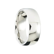 Cobalt men’s flat wedding band with polished finish, 8mm width, by Crown Ring, shown at an angle on white background.
