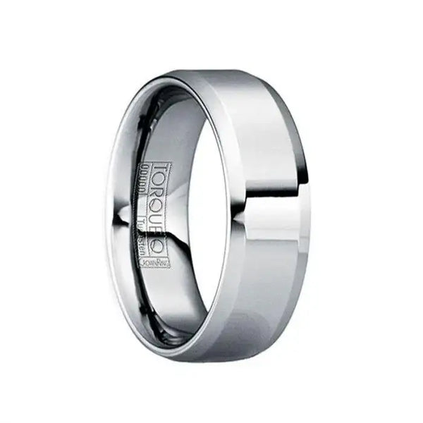 Polished tungsten wedding band with beveled edges and raised center, interior engraved TORQUE by CrownRing, studio view