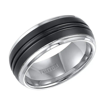 KENWAY Domed Tungsten Carbide Ring with Dual Grooved Brushed Black Tungsten Center and Beveled Edges by Triton Rings - 9 mm - Larson Jewelers