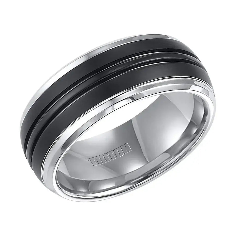 KENWAY Domed Tungsten Carbide Ring with Dual Grooved Brushed Black Tungsten Center and Beveled Edges by Triton Rings - 9 mm - Larson Jewelers