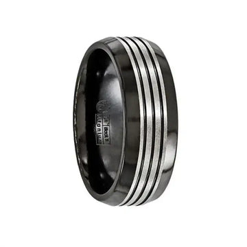 QUINTUS Black Titanium Ring Black with Grooves & Beveled Edges Band by Edward Mirell - 8 mm - Larson Jewelers