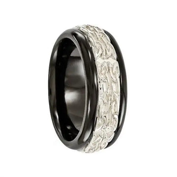 JULIUS Black Titanium Ring W/Sterling Silver Patterned Band by Edward Mirell - 9 mm - Larson Jewelers