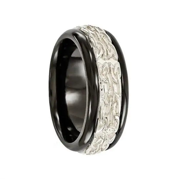 JULIUS Black Titanium Ring W/Sterling Silver Patterned Band by Edward Mirell - 9 mm - Larson Jewelers
