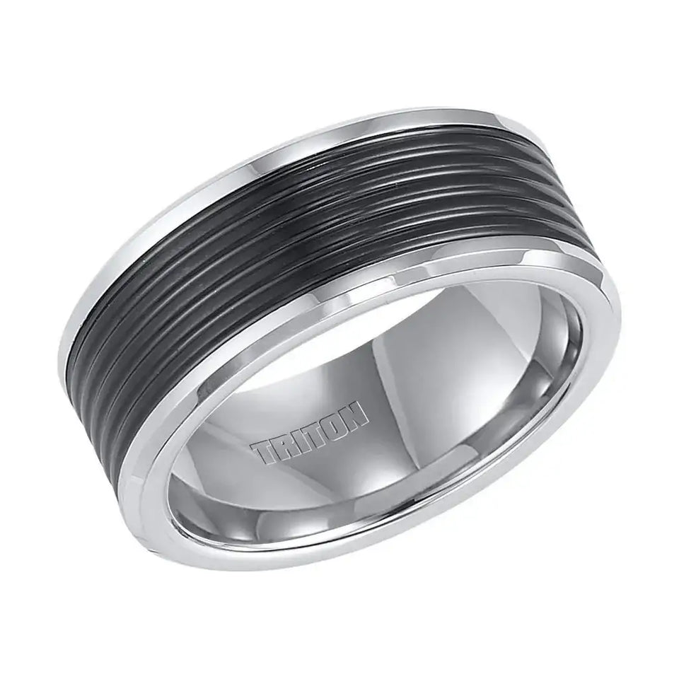 BRANDEN Triton Rings BRANDEN Tungsten Wedding Band With Ribbed Black Tungsten Center 9mm - Larson Jewelers