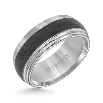KILBY Black and White Domed Double Step Edge Tungsten Carbide Comfort Fit Wedding Band with Florentine Finish by Triton Rings - 9 mm - Larson Jewelers