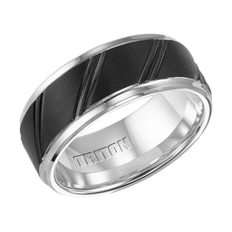 KINGSLEY Black and White Tungsten Carbide Ring with Beveled Step Edges and Diagonal Cuts by Triton Rings - 9 mm - Larson Jewelers