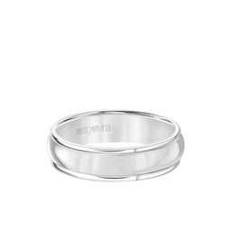 HARRISON 14k white gold domed wedding band with high-polish center and subtle rolled edges, side view with ARTARVED engraving inside