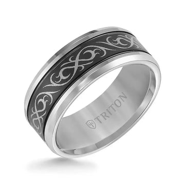 KIRBY Beveled Tungsten Carbide Ring with Dual Offset Grooves and Laser Engraved Celtic Pattern Black Tungsten Center by Triton Rings - 9 mm - Larson Jewelers