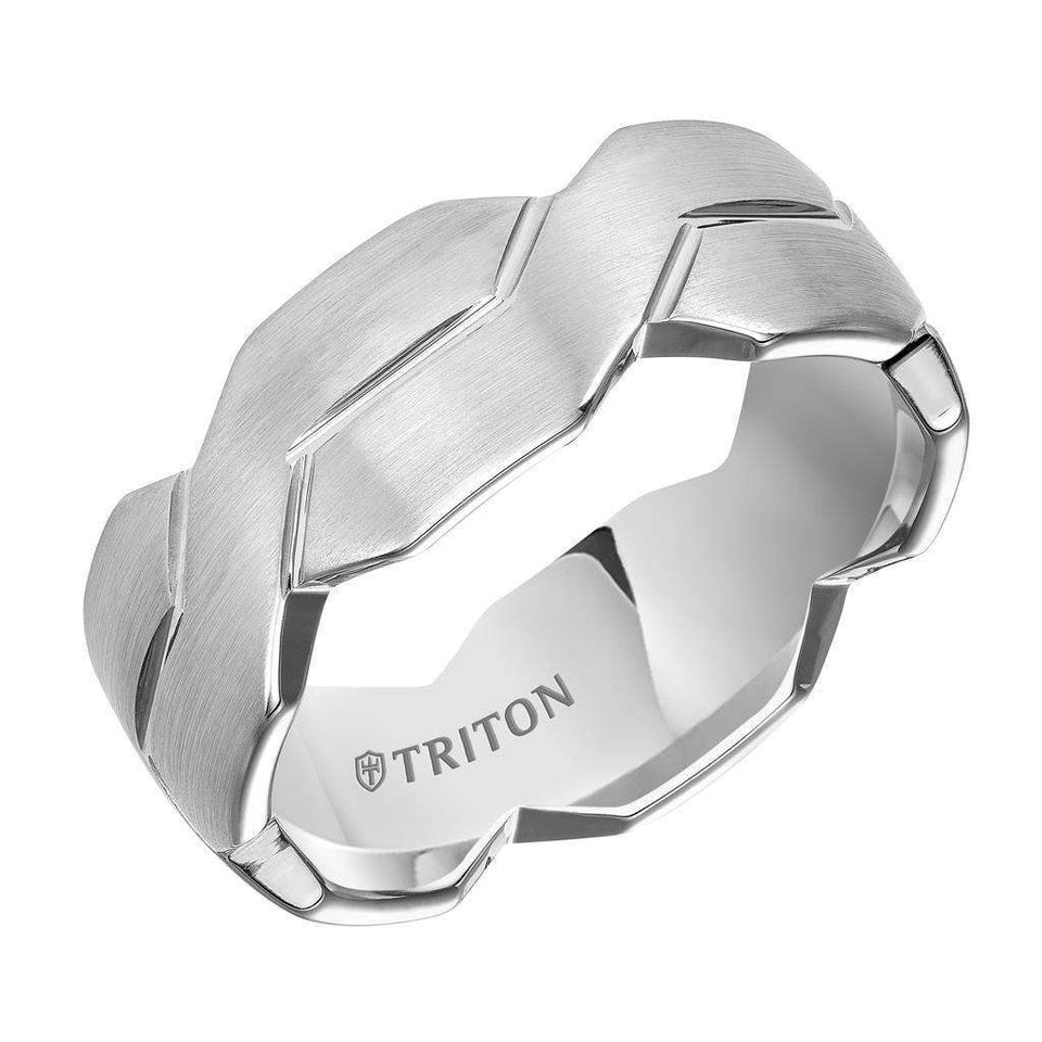 EDRIC White Tungsten Ring with Carved Infinity Symbols Design by Triton Rings - 8 mm - Larson Jewelers