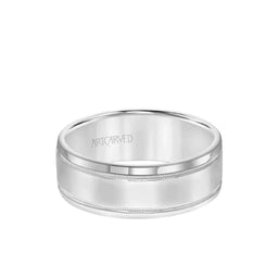 ArtCarved Covenant 14k white gold flat wedding band with milgrain edge detail, 7.5 mm width, front view