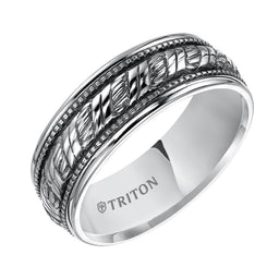 LUCA Sterling Silver Comfort Fit Wedding Band with Woven Center, Offset Milgrains, and Black Oxidation Finish by Triton Rings -8mm - Larson Jewelers