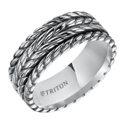 ELLIS Flat Sterling Silver Comfort Fit Wedding Band with Multi-Rope Pattern and Black Oxidation Finish by Triton Rings - 9 mm - Larson Jewelers