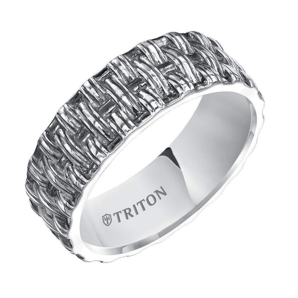 TAYLOR Flat Sterling Silver Comfort Fit Wedding Band with Woven Pattern and Black Oxidation Finish by Triton Rings - 8mm - Larson Jewelers
