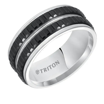 KOUSEI White Tungsten Carbide Ring with Step Edges & Vertically Cut Dual Raised Black Tungsten Inlays by Triton Rings - 9mm - Larson Jewelers
