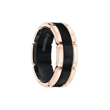 KEVIN Black Tungsten Flat Comfort Fit Band with Brushed Center & Rose Rims by Triton Rings - 8mm - Larson Jewelers