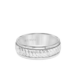 WHISPERS OF LOVE 14k White Gold Wedding Band Engraved Center Design Milgrain Rolled Edges by Artcarved - 7mm - Larson Jewelers