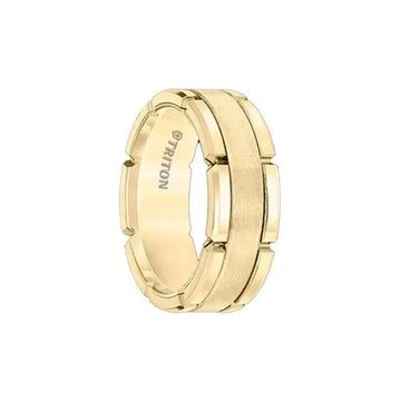 Gold-plated tungsten carbide ring with brushed center band and polished segmented rims, 8mm width, Triton branding visible on interior
