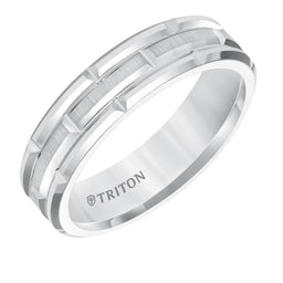 ARJAN White Tungsten Carbide Comfort Fit Band with Cut Brick Motif with Satin Center Finish by Triton Rings - 6mm - Larson Jewelers