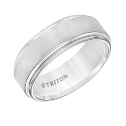 White tungsten carbide men’s wedding band with satin center and bright double step edges, interior engraved TRITON logo, angled view