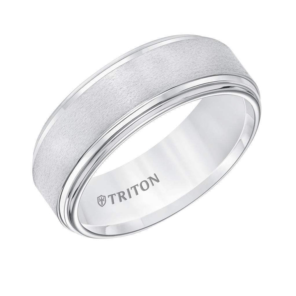 White tungsten carbide men’s wedding band with satin center and bright double step edges, interior engraved TRITON logo, angled view