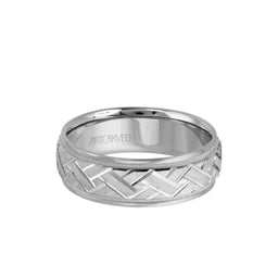 INTRIGUE 14k White Gold Wedding Band Brushed Finish Engraved Diagonal Crossed Center Milgrain Rolled Edges by Artcarved - 7 mm - Larson Jewelers