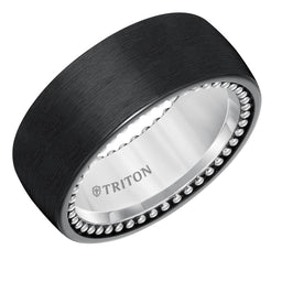 Domed black titanium and sterling silver comfort-fit band, beaded interior edge, satin finish, view angled