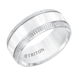 Close-up view of a white tungsten wedding band with polished center and coin-edge sides, engraved with Triton logo inside