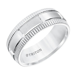 White Tungsten Satin Finished Coin Edge Wedding Band with Grooved Brick Style Center by Triton Rings - 8mm - Larson Jewelers