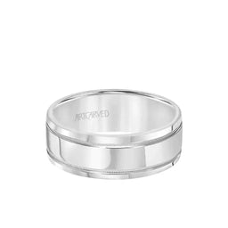 ArtCarved 14k white gold 8 mm flat polished wedding band with dual milgrain borders, side view