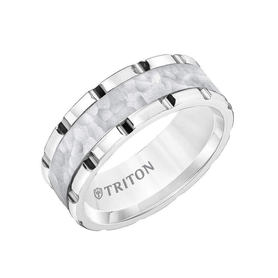 White Tungsten Polished Grooved Edges Wedding Ring with Sand Finished Hammered Center by Triton Rings - 8mm - Larson Jewelers
