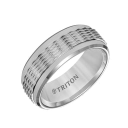 Grey Tungsten Wedding Ring with Wavy Textured Center & Polished Beveled Edges by Triton Rings - 8mm - Larson Jewelers