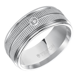 SOLOMON Flat White Tungsten Carbide Ring with Coin Edge Texture Center Bright Polished Rims and Single Diamond Setting by Triton Rings - 9mm - Larson Jewelers