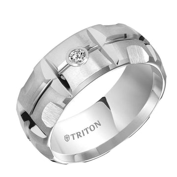 SPENCER Domed White Tungsten Carbide Wedding Band with Matrix Pattern Center and Solitaire Diamond Setting by Triton Rings - 9 mm - Larson Jewelers