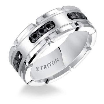 KENZO White Tungsten Ring with Silver Inlay & Black Diamonds by Triton Rings - 8mm - Larson Jewelers