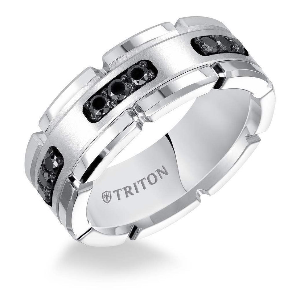 KENZO White Tungsten Ring with Silver Inlay & Black Diamonds by Triton Rings - 8mm - Larson Jewelers
