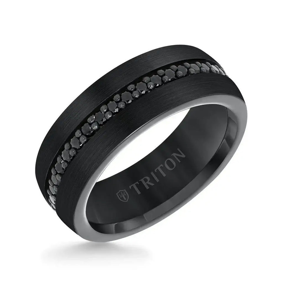 Angled view of the GLADIATOR 8mm black tungsten ring with a center channel of black sapphires by Triton Rings