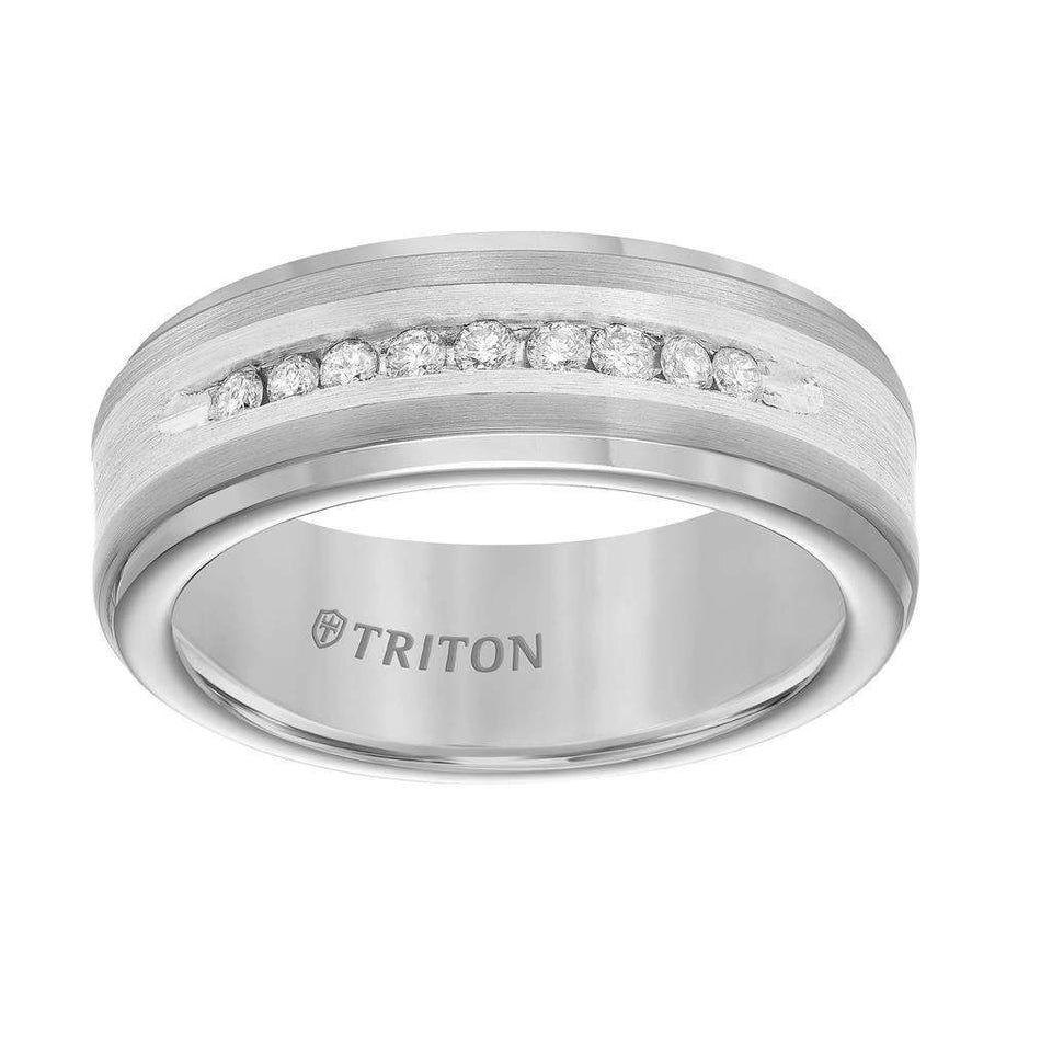 BURGESS Tungsten Wedding Band with Silver Inlay and 9 White Diamonds by Triton Rings - 8 mm - Larson Jewelers