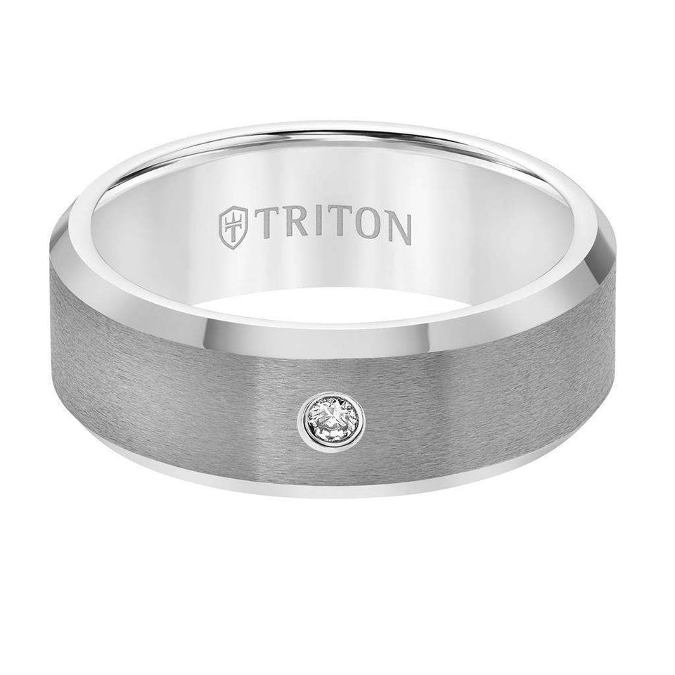 PHILLIP Beveled Tungsten Carbide Wedding Band with Satin Finish and Solitaire Diamond Setting by Triton Rings - 8 mm - Larson Jewelers