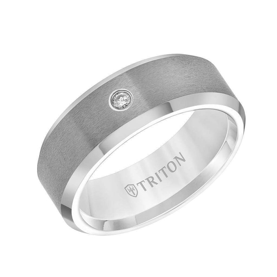 PHINEAS Beveled White Tungsten Carbide Wedding Band with Satin Finish and Solitaire Diamond Setting - 8 mm - Larson Jewelers