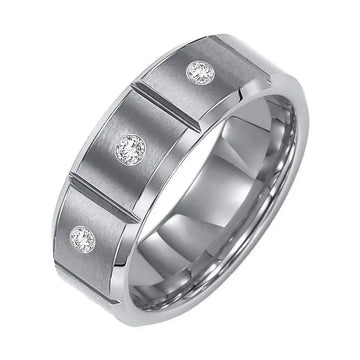 PIERCE Beveled Satin Finish Tungsten Carbide Wedding Band with Bright Horizontal V Cuts and Three Diamond Settings by Triton Rings - 8 mm - Larson Jewelers