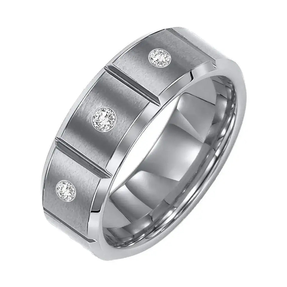 PIERCE Beveled Satin Finish Tungsten Carbide Wedding Band with Bright Horizontal V Cuts and Three Diamond Settings by Triton Rings - 8 mm - Larson Jewelers
