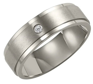 WILLARD Raised Brush Finished Center Titanium Ring with Polish Finished Step Edges and Diamond Setting by Triton Rings - 7 mm - Larson Jewelers
