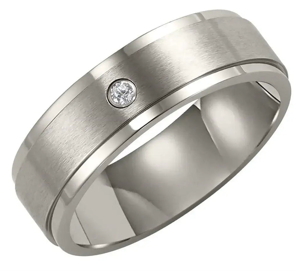 WILLARD Raised Brush Finished Center Titanium Ring with Polish Finished Step Edges and Diamond Setting by Triton Rings - 7 mm - Larson Jewelers