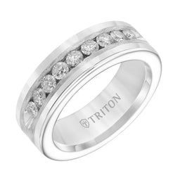 RENFRED Flat Tungsten Carbide Wedding Band with Satin Finished Silver Inlay and Large Channel Set Diamonds by Triton Rings - 8 mm - Larson Jewelers