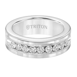 RENFRED Flat Tungsten Carbide Wedding Band with Satin Finished Silver Inlay and Large Channel Set Diamonds by Triton Rings - 8 mm - Larson Jewelers
