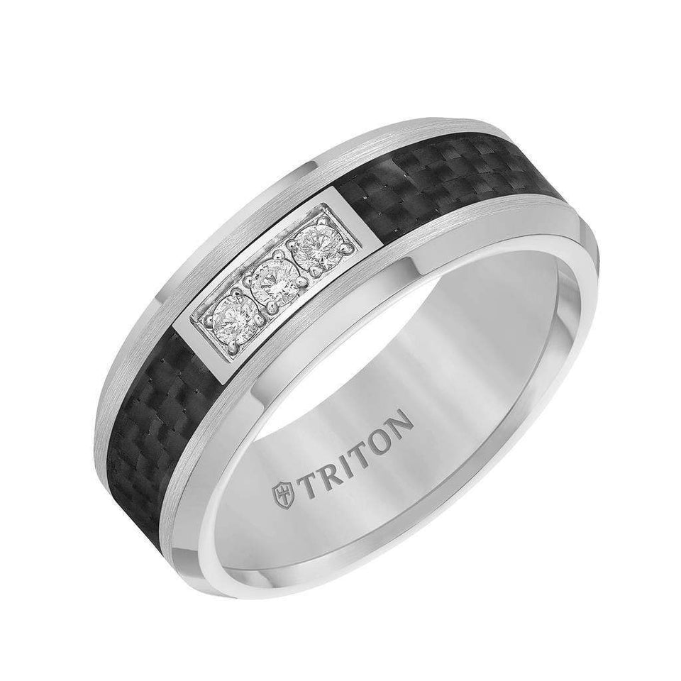 RIDLEY Beveled Tungsten Carbide Wedding Band with Black Carbon Fiber Inlay and Three Channel Set Diamonds by Triton Rings - 8 mm - Larson Jewelers